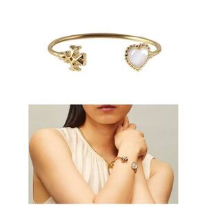 TORY BURCH Roxanne Mother of Pearl Heart & Double T Logo Cuff Bangle